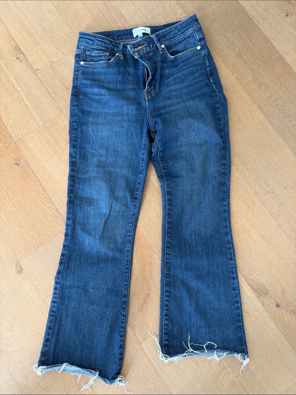 Frame Denim Dark Blue Flare Jeans with Raw Hem